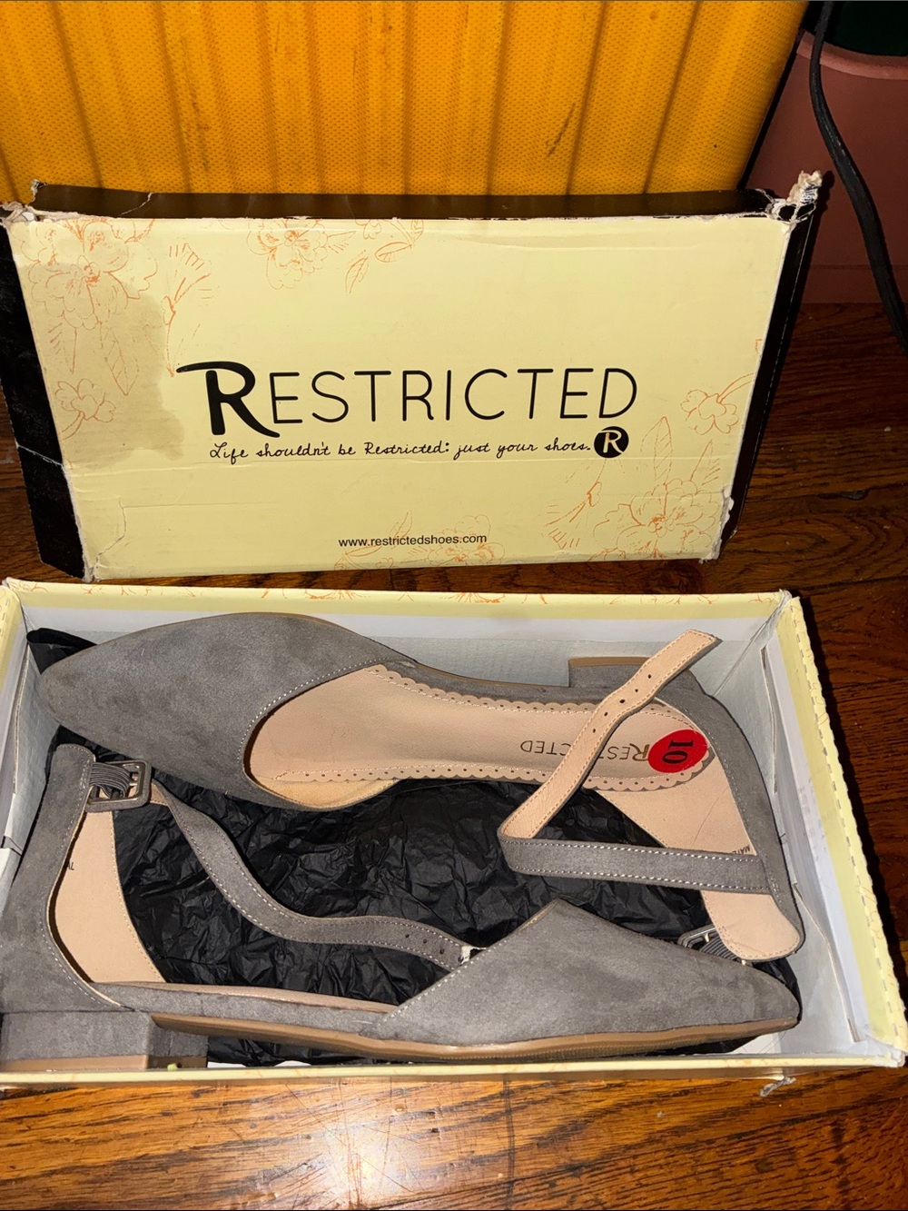 Restricted Grey Suede Pointed D'Orsay Flats with Ankle Strap